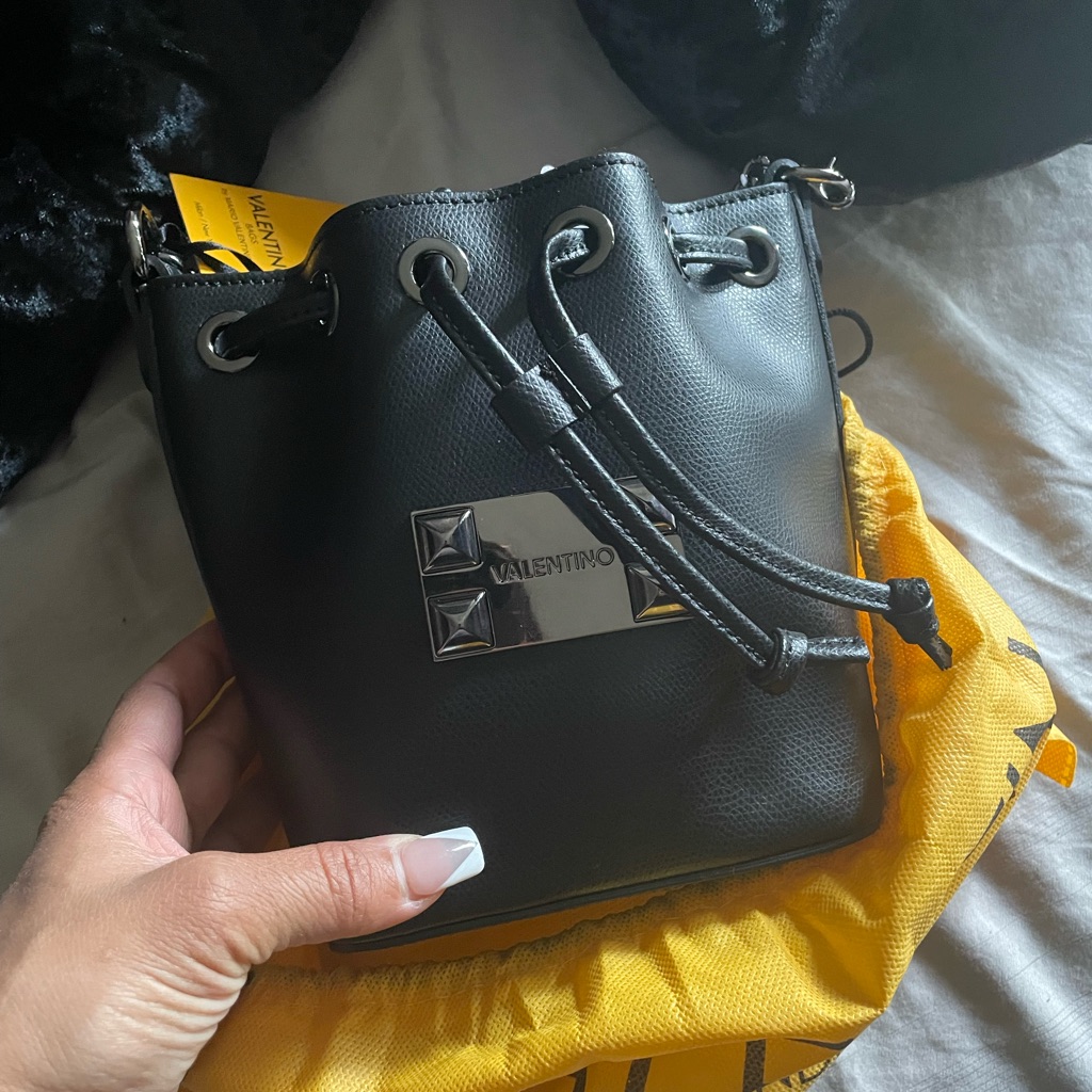 Valentino Black Leather Drawstring Mini Bucket Bag With Silver Plate